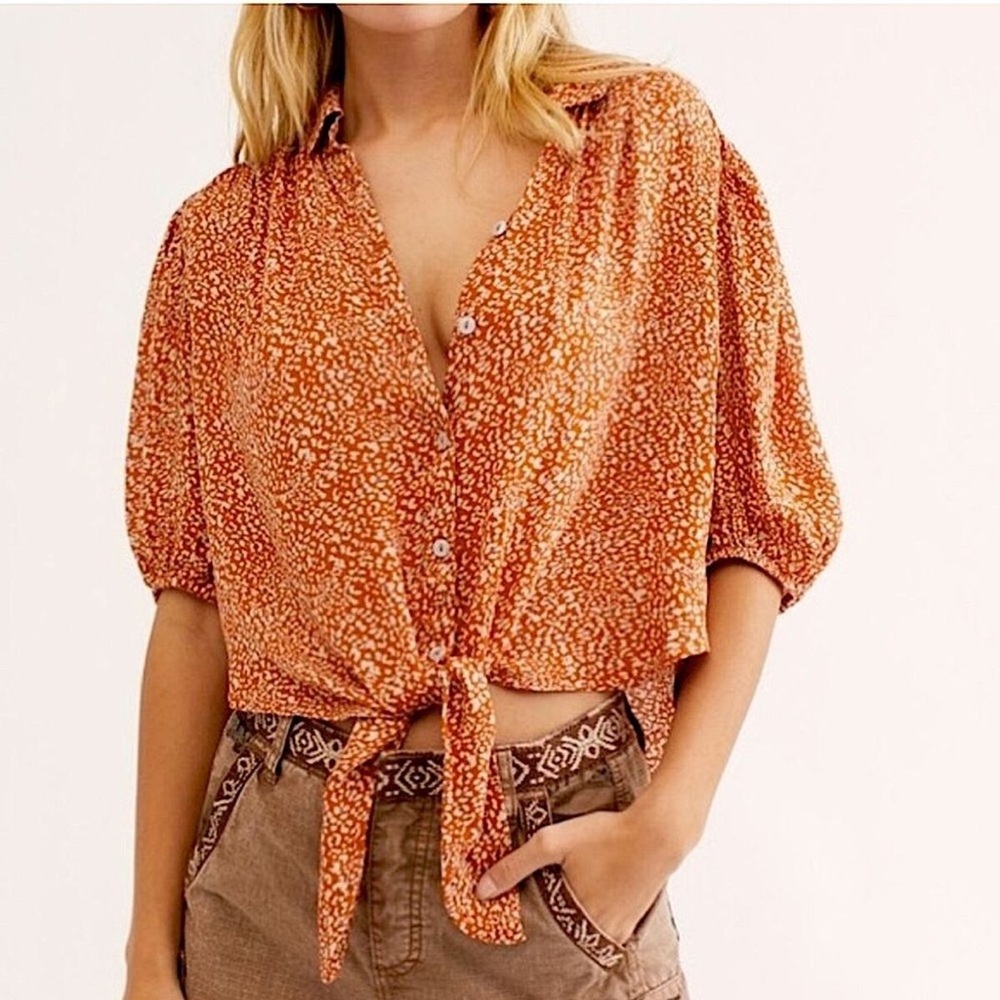 Free People Celia Print Tie Front Button Down Cropped Blouse
